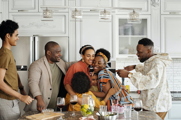 Happy family in white kitchen