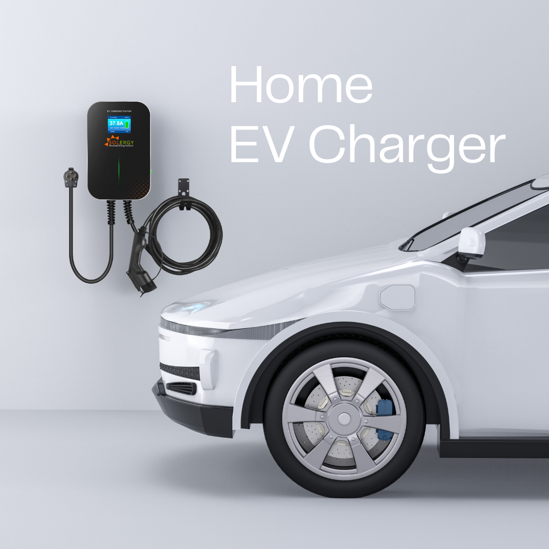Home EV charger mounted on a garage wall, charging an electric vehicle.